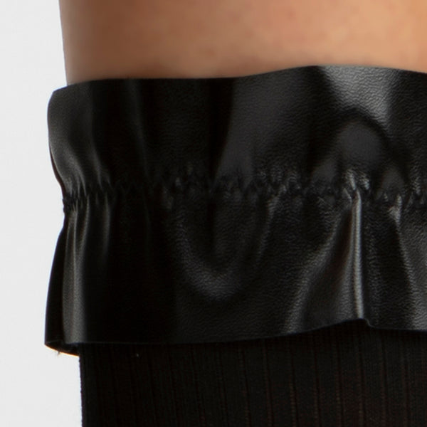 Vegan Leather and Silk Ruffle Crew Sock | Black