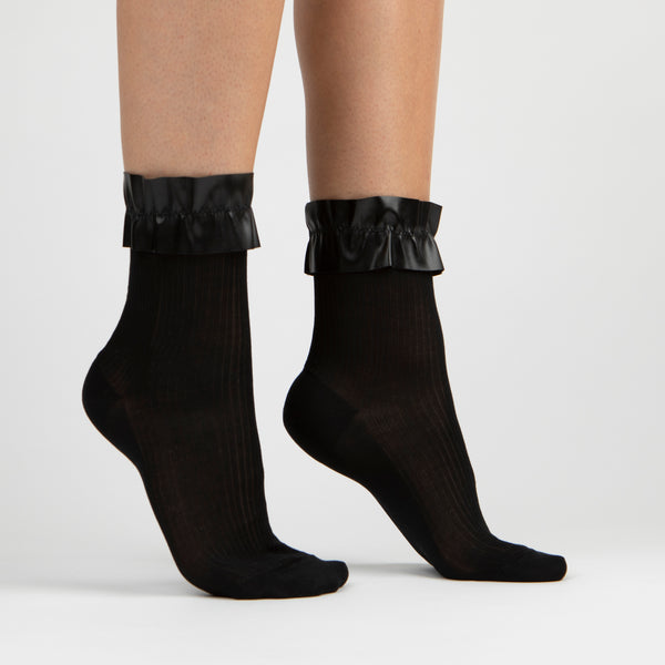 Vegan Leather and Silk Ruffle Crew Sock | Black